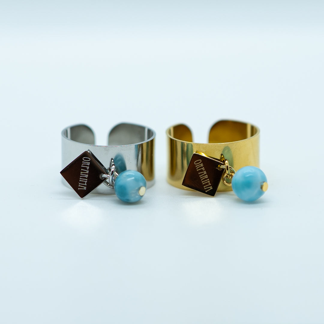 Deux bagues de face sur fond blanc, une bague en acier inoxydable 316L dorée et une en acier inoxydable argenté. Les deux bagues sont identiques et ont une breloque orparima ainsi qu'une perle de larimar rattachées à la bague via un anneau. Bagues réglables