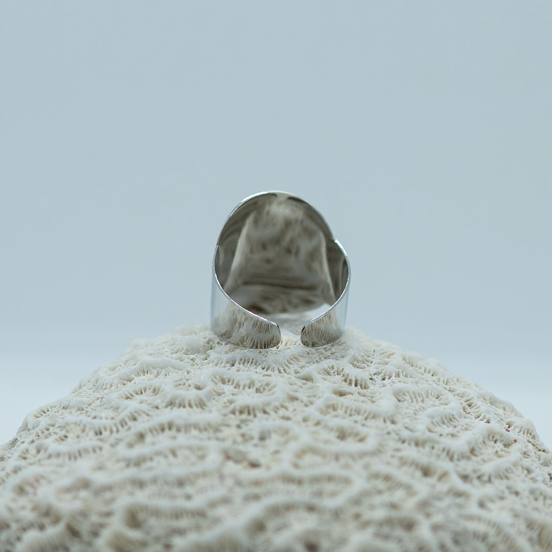 Bague en acier chirurgicale de couleur argentée vue de dos, posée sur un coquillage. Bague ouverte sur le bas pour être réglable.