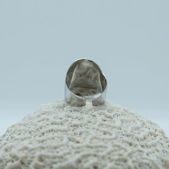 Bague en acier chirurgicale de couleur argentée vue de dos, posée sur un coquillage. Bague ouverte sur le bas pour être réglable.