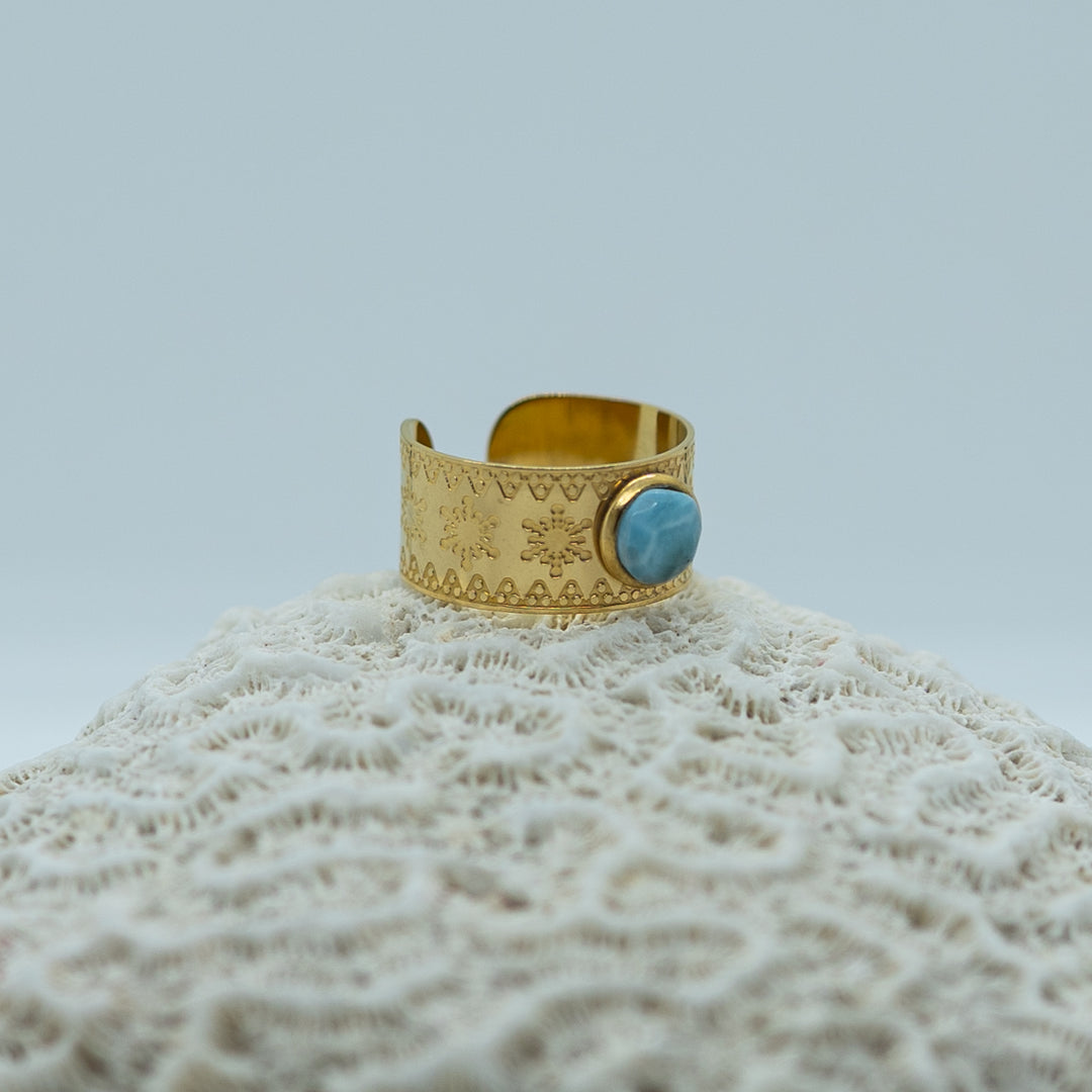 Bague vue de coté, posée sur un coquillage sur fond blanc. Bague en acier inoxydable 316L de couleur dorée réglable et ajustable.