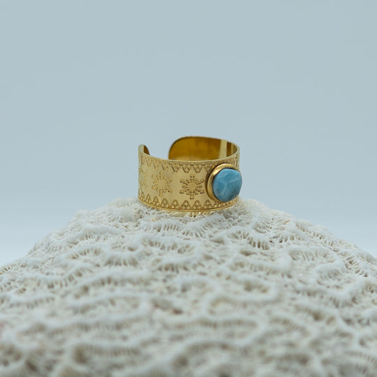 Bague vue de coté, posée sur un coquillage sur fond blanc. Bague en acier inoxydable 316L de couleur dorée réglable et ajustable.