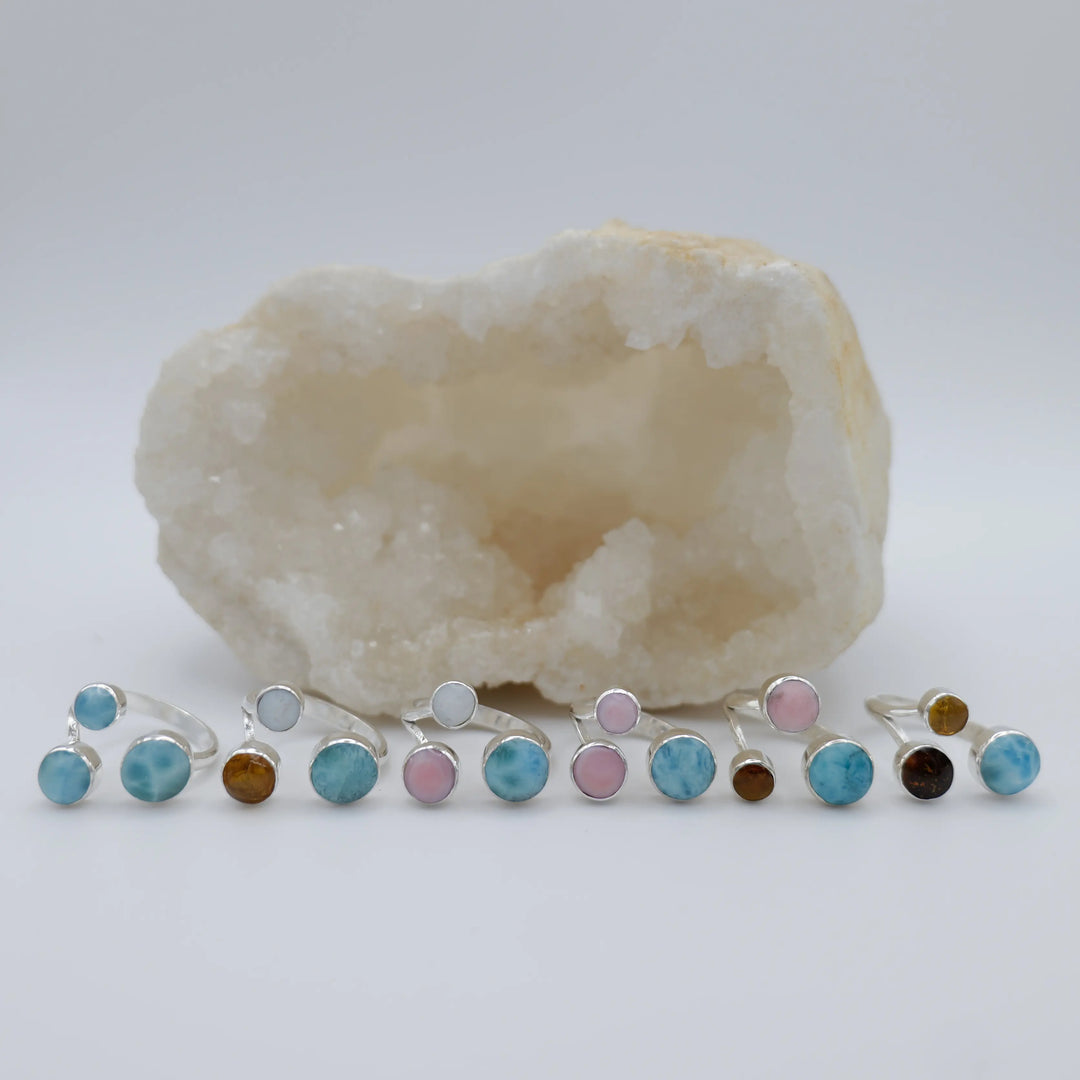 Collection de bagues réglable ne argent 925 avec du Larimar, de la Nacre, du Lambi et de l&