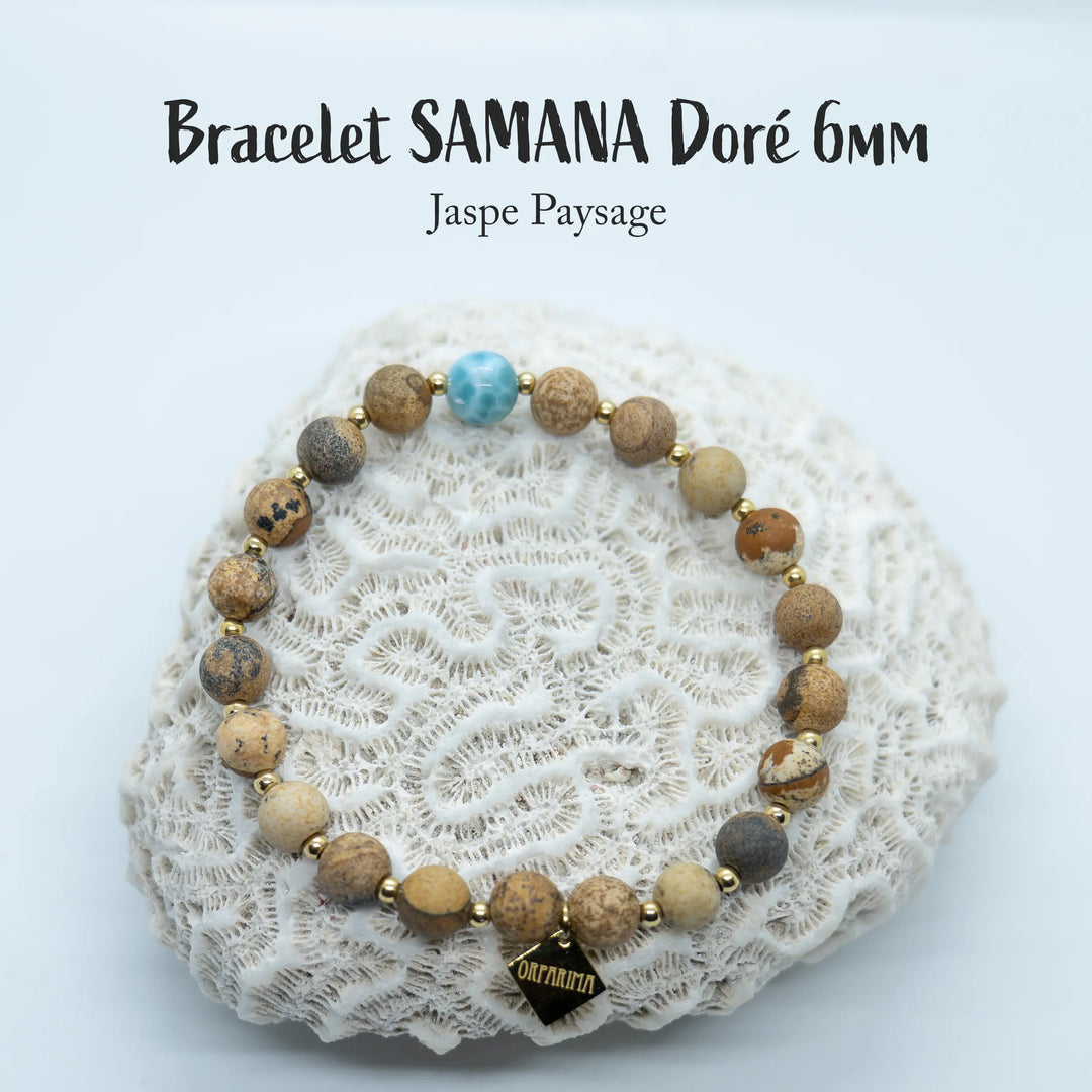 Bijou fait  à la main, posé sur un coquillage blanc, sur fond blanc. Ce bijou est un bracelet en fil élastique composé de perles de jaspe paysage et d&