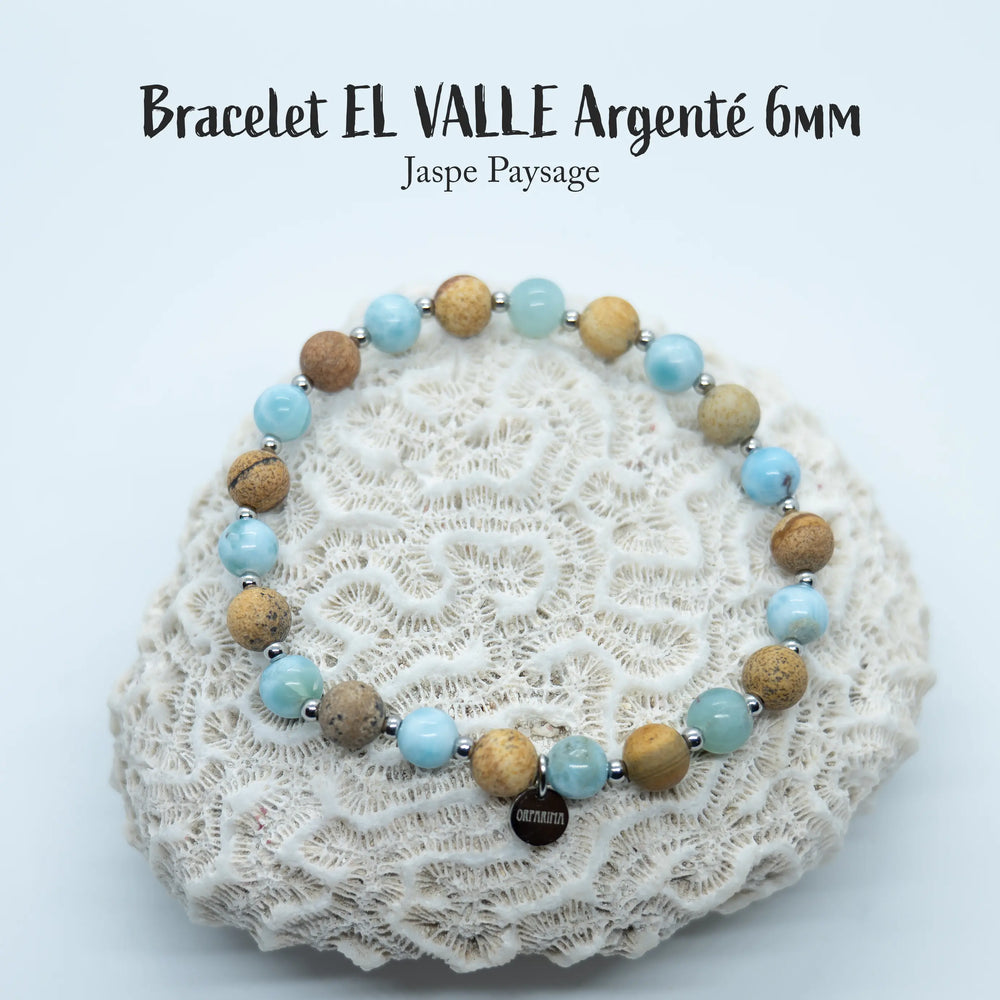 Un bracelet avec des perles de jaspe paysage et des perles de Larimar bleue. Ce bracelet est en fil élastique, ajustable à toutes les tailles de poignets. Bijou fait à la main en République Dominicaine.