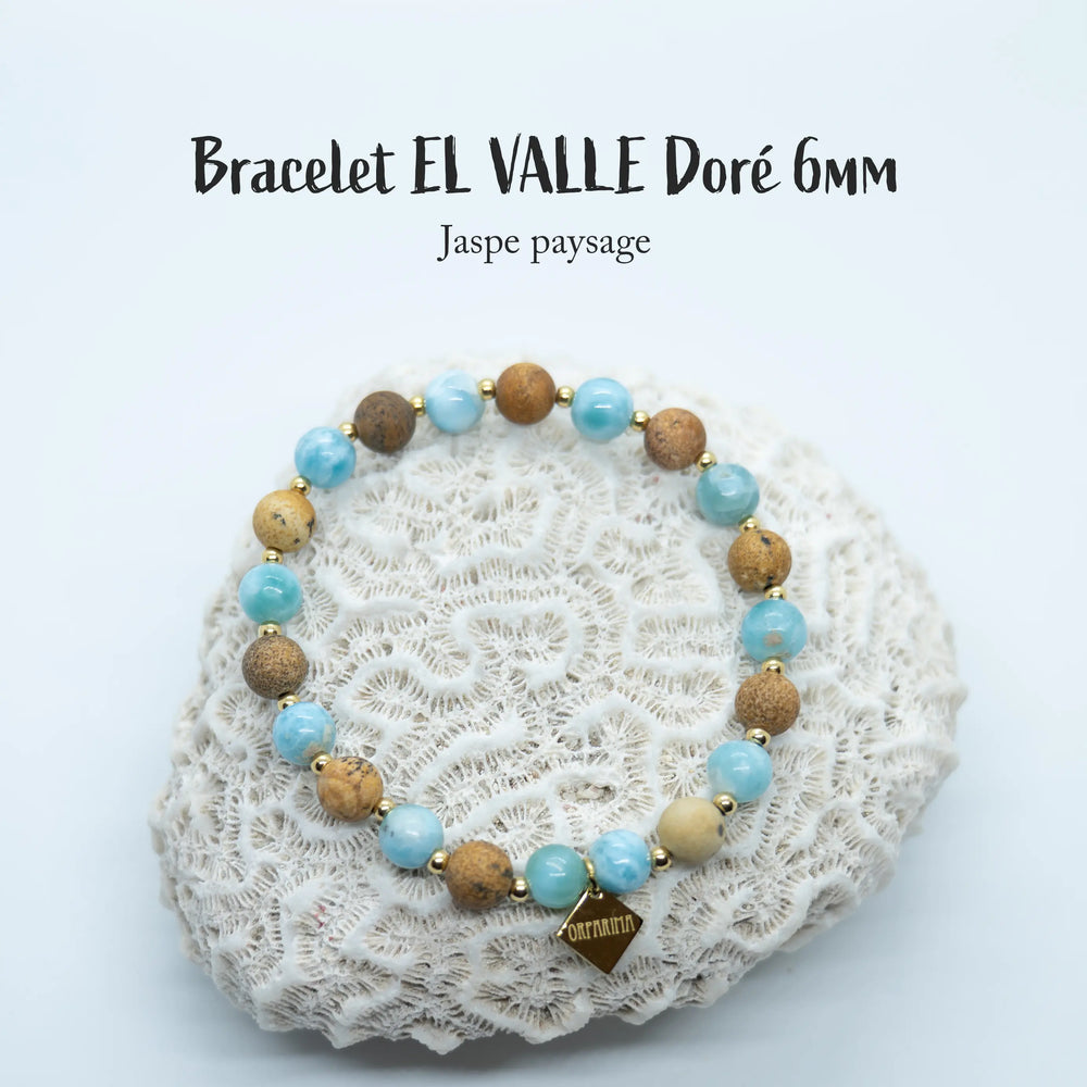 Bracelet 6mm avec des perles de Larimar et des perles de jaspe paysage séparées par des petites perles intercalaires en acier inoxydable doré. Bracelet posé sur un coquillage blanc de type corail.