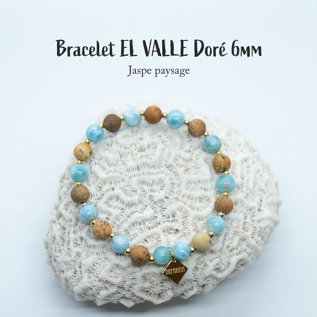 Bracelet 6mm avec des perles de Larimar et des perles de jaspe paysage séparées par des petites perles intercalaires en acier inoxydable doré. Bracelet posé sur un coquillage blanc de type corail.