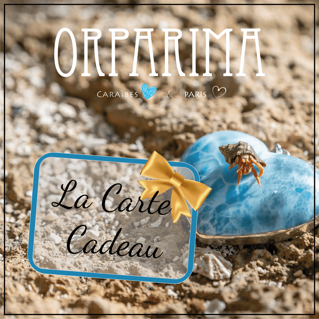 Photo d'un Bernard l’Hermite sur un cœur en pierre de larimar et son sertissage en argent 925, posé sur le sable avec le logo orparima en haut de l'image et l'inscription carte cadeau dans un cadre en bas à gauche de l'image.  
