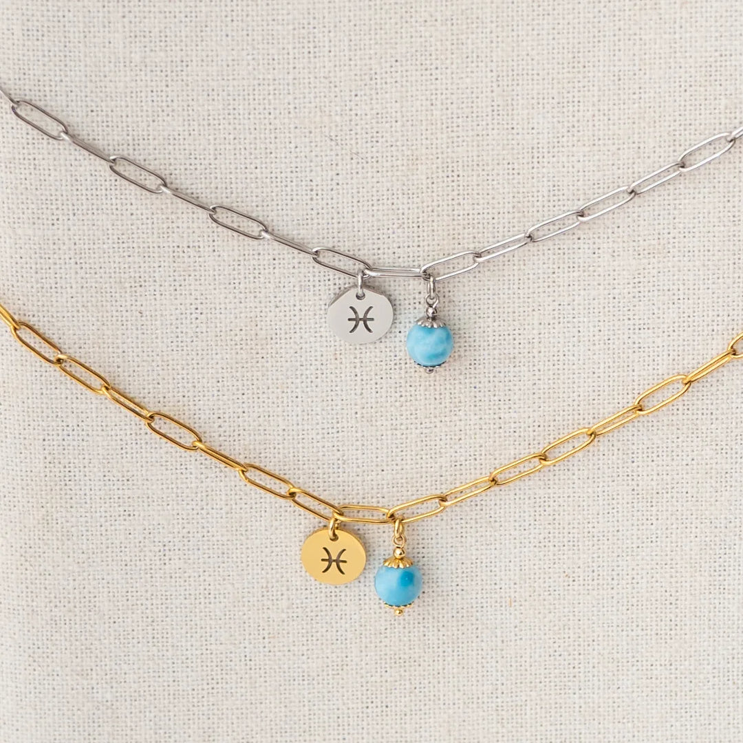 Deux colliers avec une perle de larimar de 6mm et un signe astrologique suspendu à un présentoir, en vue proche. Colliers en acier inoxydable 316L argent et doré. Larimar origine République Dominicaine.