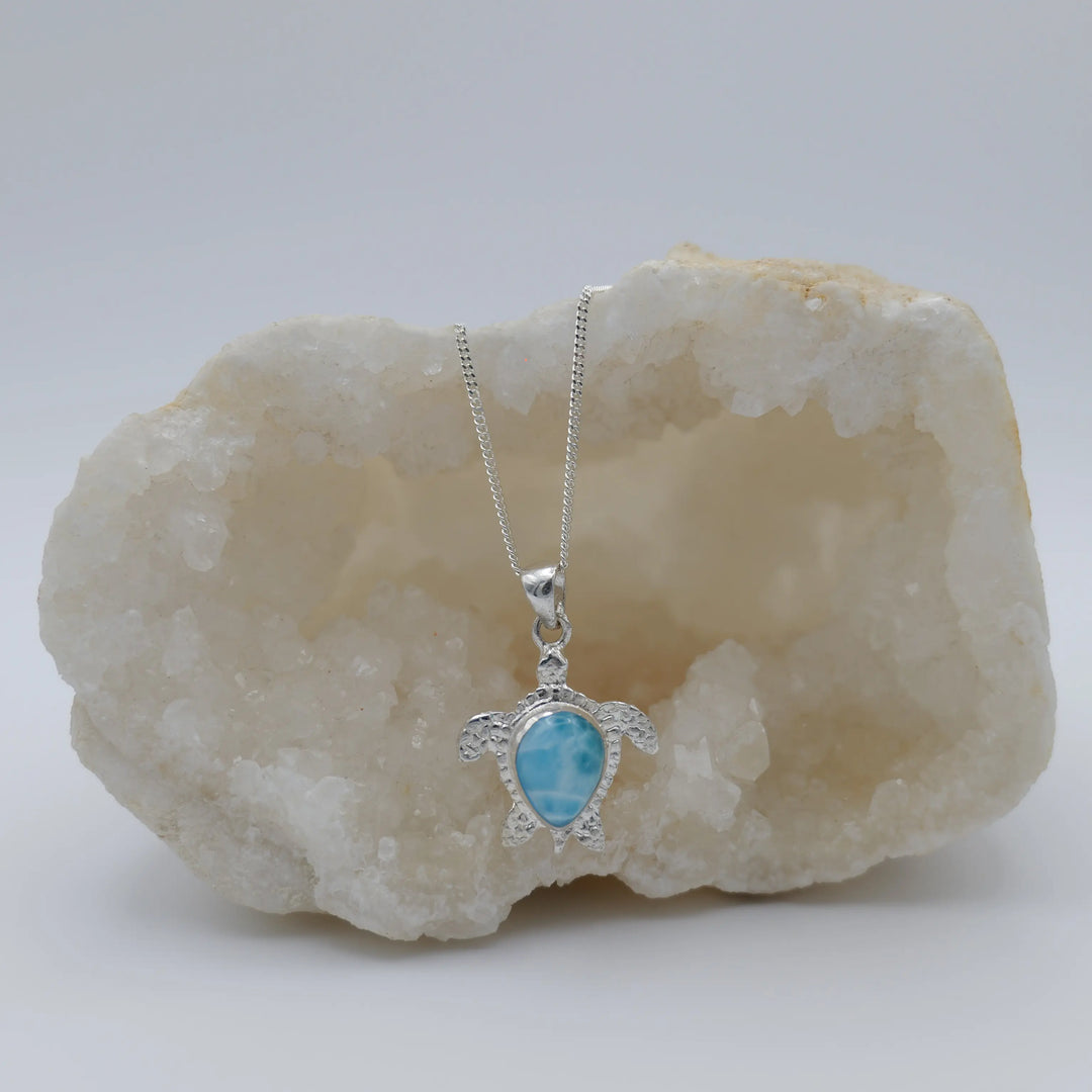Magnifique pierre de Larimar de couleur bleu, monté sur un collier en forme de tortue, fait en argent 925.