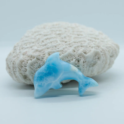 Pierre naturelle de Larimar taillée en forme de dauphin d'environ 8 cm de long. Pierre magnifique d'un bleu profond.