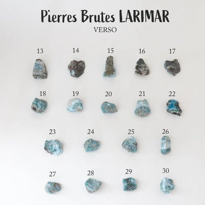 dix-huit pierres de Larimar de République Dominicaine vue de face verso. Ces minéraux sont polis sur leur face recto, seul la pierre numéro 22 est polie sur sa face verso. La roche de Larimar à l'état brut à une couleur bleu pale.