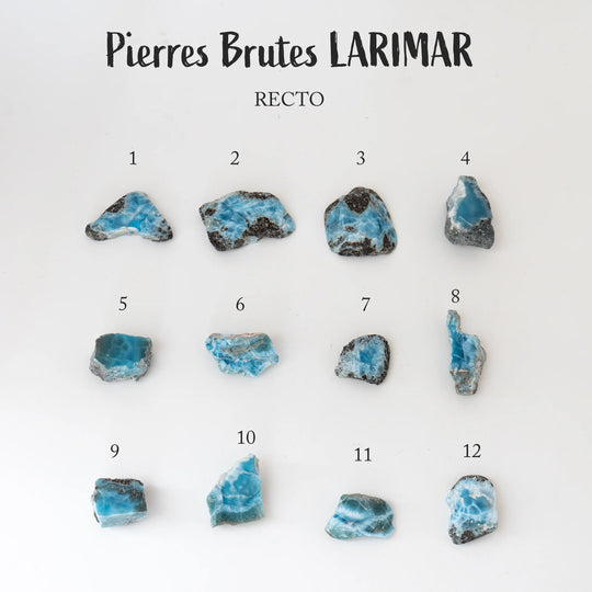 Douze pierres de Larimar brutes avec au moins une face polie son présentées face recto et vue du dessus. Chacune de ces pierres à différentes couleurs et dégradés de bleu, chaque pierre naturelle de Larimar est unique.