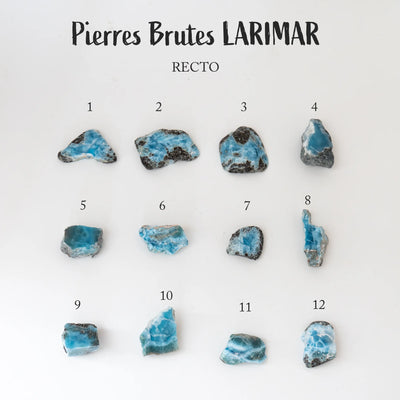 Douze pierres de Larimar brutes avec au moins une face polie son présentées face recto et vue du dessus. Chacune de ces pierres à différentes couleurs et dégradés de bleu, chaque pierre naturelle de Larimar est unique.
