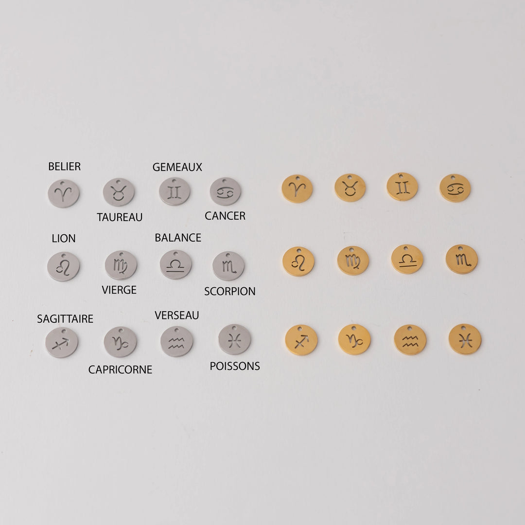Douze signes astrologique gravés sur des pièces rondes en acier inoxydable 316L. Tous les signes astrologiques sont présents, douze en couleur argent et douze en couleur dorée