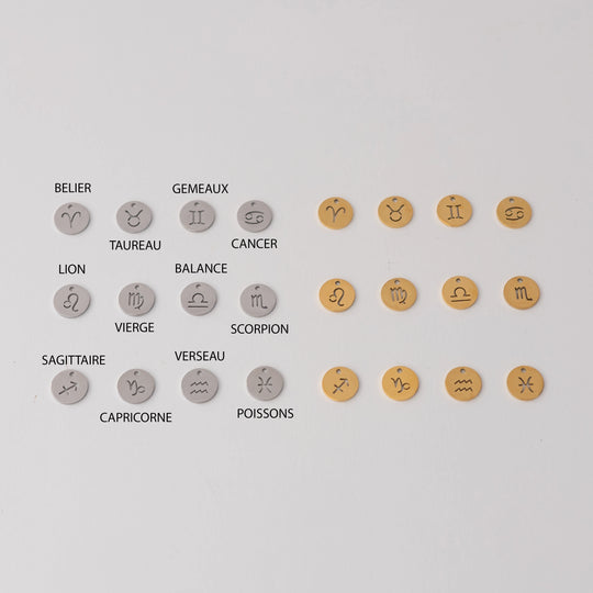 Douze signes astrologique gravés sur des pièces rondes en acier inoxydable 316L. Tous les signes astrologiques sont présents, douze en couleur argent et douze en couleur dorée