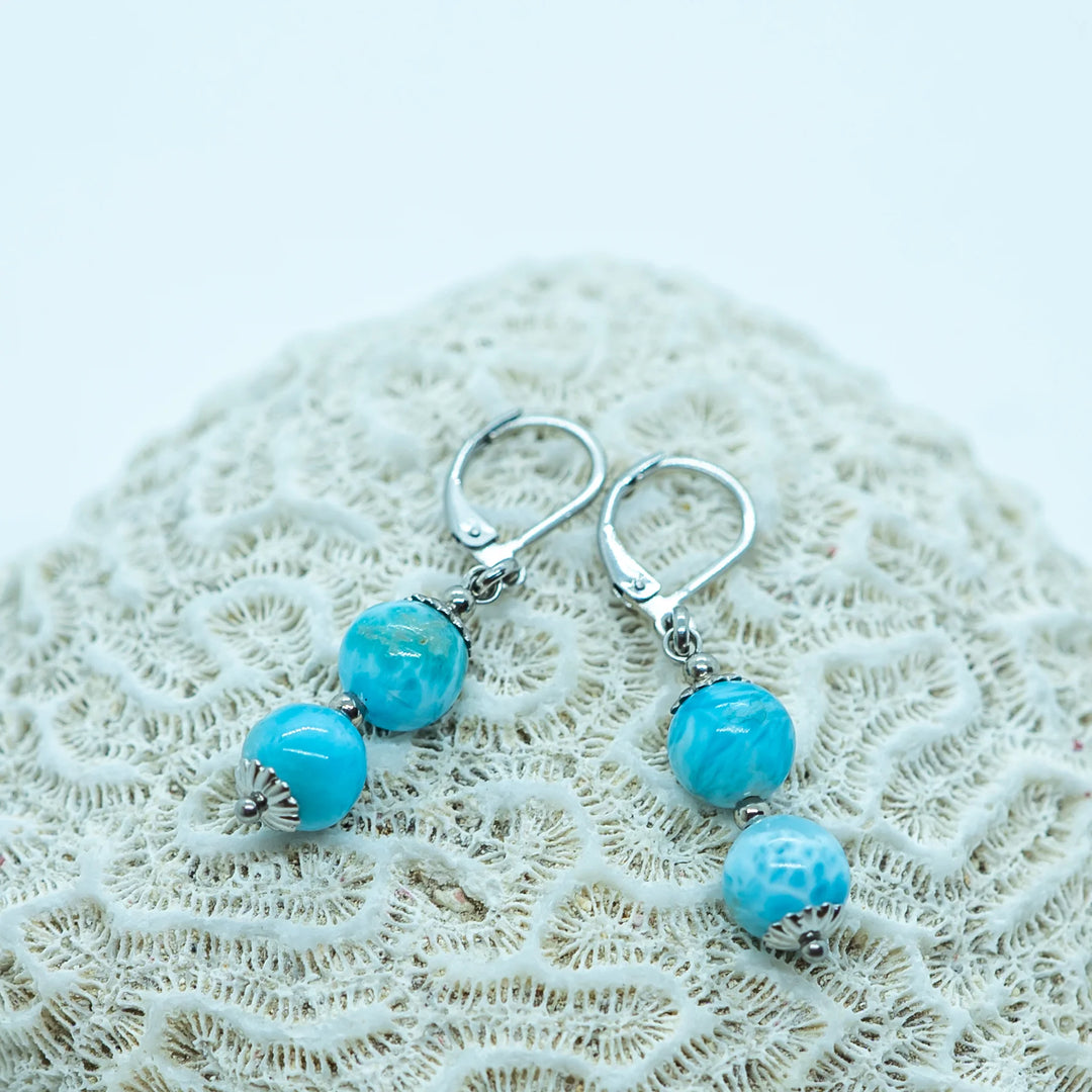 Paire de boucle d'oreille en acier inoxydable 316L argenté posée sur un coquillage sur fond blanc