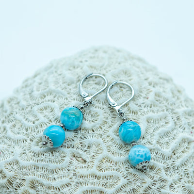Paire de boucle d'oreille en acier inoxydable 316L argenté posée sur un coquillage sur fond blanc