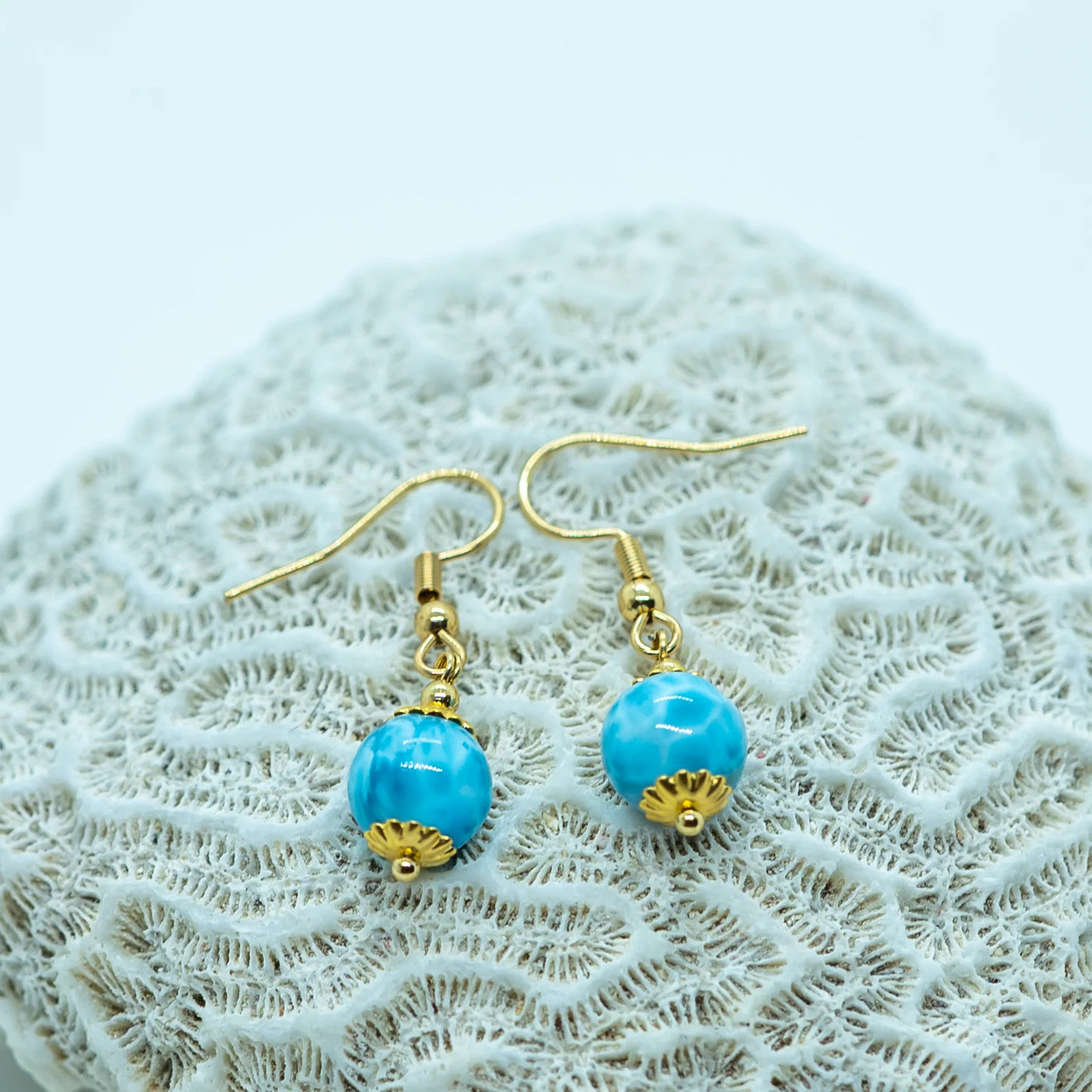 Paire de boucle d'oreille en acier inoxydable doré 316L avec une perle de larimar pendante. Les boucles d'oreilles sont posées sur un coquillage.