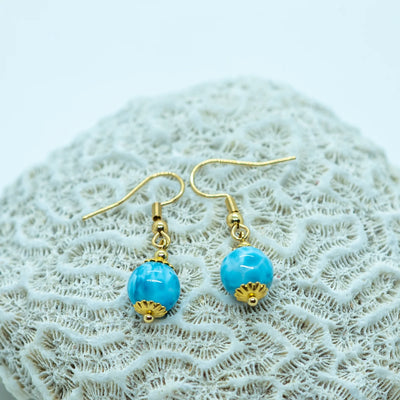 Paire de boucle d'oreille en acier inoxydable doré 316L avec une perle de larimar pendante. Les boucles d'oreilles sont posées sur un coquillage.