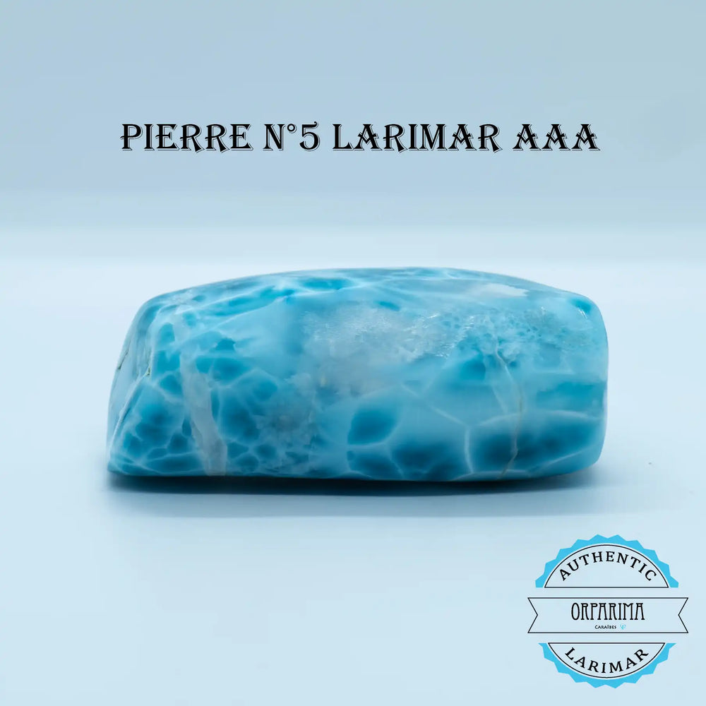 Pierre de Larimar allongée posée sur fond blanc. Pierre naturelle de couleur bleu de République Dominicaine. Bloc de Larimar très rare et parfait pour une collection de minéraux.