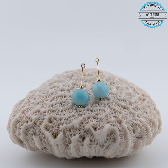 Magnifique paire de perles bleu intense de Larimar montée sur deux tiges dorées en acier inoxydable servant d&