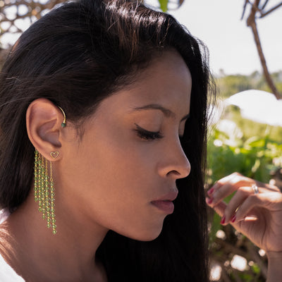 Orparima Collection Swarovski, modèle "Green Diamond". Perle de Jade d"Afrique sur le devant, boucles d'oreilles Coeur Orparima. Bijoux doré à l'or fin 24 Carats.